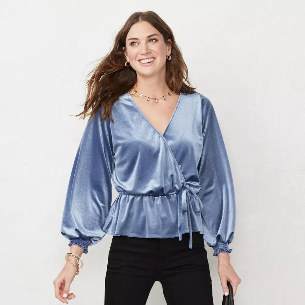 LC Lauren Conrad Blue Velvet Faux Wrap Top